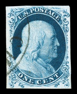 6, 1c Blue, Ty. Ia, position 92L4, large and marvelously even margins all around, leaving the complete design intact and framed by full margins, deep luxuriant color and a
well incised impression on bright fresh paper, neat unobtrusive and face-