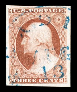11A, 3c Dull red, Ty. II, a perfect used example, featuring four huge and absolutely symmetrical margins all around, outstanding color and impression, pretty blue town c.d.s.,
a superb used gem 1998 PF and 2009 PSE certificates (the latte