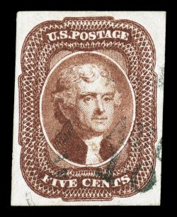 12, 5c Red brown, a highly select used example, possessing exceptionally large and well balanced margins all around, deep luxuriant color and a finely detailed impression on
bright paper, very light town cancellation, extremely fine gem 1991 an