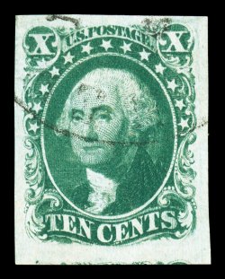 15, 10c Green, Ty. III, a fabulous quality used example, boasting huge margins all around, including showing just a bit of the adjoining stamp at bottom, equally impressive is
this stamps incredibly vibrant color and razor-sharp impression on u