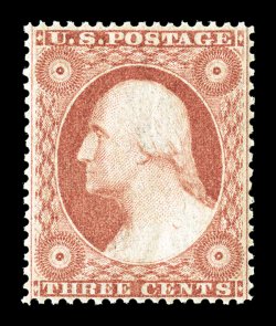 26, 3c Dull red, Ty. III, flawlessly centered, incredibly bright color and a sharp impression, immaculate full o.g., never hinged, extremely fine a pristine gem for the most
fastidious collector 1992 PF and 2009 PSE certificates (the latter gr