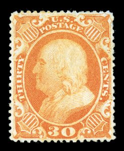 38, 30c Orange, an exciting mint example, featuring absolutely perfect centering amid, what are for this value, large balanced margins, equally impressive is this stamps
spectacularly intense and vibrant color that is not at all oxidized like s