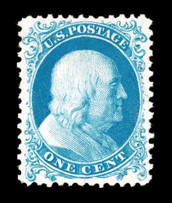 40, 1c Bright blue reprint, without gum as issued, a marvelous example of this value, being incredibly well centered within large even margins, which are most uncharacteristic
of the reprint series, rich color and impression on bright paper, ext