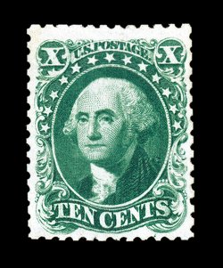 43, 10c Blue green reprint, without gum as issued, a magnificent example of this reprint rarity, being in a quality that very few of the 516 sold can compare, possessing
extraordinary centering within lavishly large margins which are most un