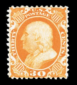46, 30c Yellow orange reprint, without gum as issued, a highly select example of this rare and difficult reprint, possessing about as perfect centering as is possible on this
typically tightly margined stamp, intense color that is both vibrant a