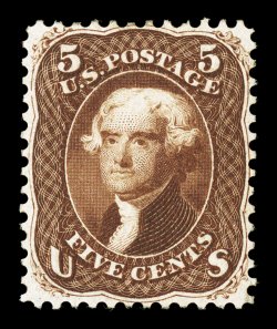 57, 5c Brown August, a magnificent quality example, possessing essentially perfect centering, strikingly intense August color and a razor-sharp impression on bright paper,
fully intact perforations, part o.g., extremely fine.August issue