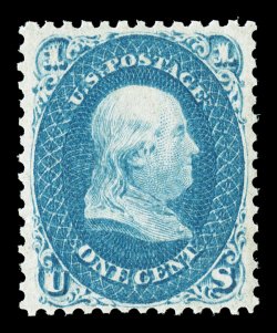 63, 1c Blue, a delightful mint example that is as fresh as the day it was purchased at the post office, exceptionally well centered, the color is a vibrant blue shade and the
impression is of a prooflike nature, o.g. that has never been hinged,