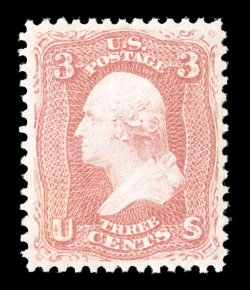 65, 3c Rose, a pristine mint example in outstanding quality, being incredibly well centered within large margins, bright rich color and impression, unblemished full o.g.
without a single gum bend or skip, never hinged, extremely fine a post of