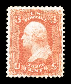 74, 3c Scarlet, an outstanding mint example of this trial printing rarity, being among the finest quality mint examples with original gum in existence, possessing numerous
exceptional physical qualities that are seldom encountered on a singl