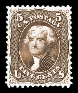76, 5c Brown, an extraordinary quality unused example, boasting absolutely perfect centering which is almost impossible to find on this stamp, plus its margins are such that
no portion of the design is impinged by its perforations, rich luxurian