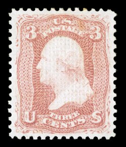 83, 3c Rose, C grill, flawlessly centered, with extraordinarily large and perfectly balanced margins all around, outstanding color and impression on bright crisp paper, even
the perforations on this remarkable stamp are exceptional, being unif