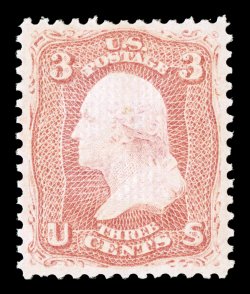 88, 3c Rose, E grill, a remarkably choice mint single of this surprisingly difficult stamp, possessing near perfect centering within uncommonly large margins for this, rich
fresh color, full o.g., lightly hinged, extremely fine actually a ver