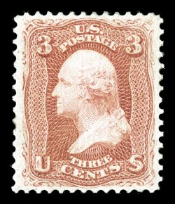 94, 3c Red, F grill, impressive mint example, possessing uncharacteristically large and marvelously well balanced margins all around, considerably deeper color than usual,
uniformly even and intact perforations, full o.g., relatively lightly h