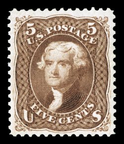 105, 5c Brown re-issue, magnificently centered amid enormously large margins, incredibly deep and luxuriant color, prooflike impression on bright paper, even its perforations
are unusually full and intact all around, full clean o.g., lightly hin