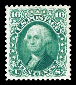 106, 10c Green re-issue, nearly flawless centering, with lavishly large and marvelously well balanced margins all around, intense rich color and a crisp impression, large and
intact perforations all around, full o.g., lightly hinged, an extremel