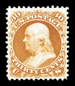 110, 30c Brownish orange re-issue, the mint example offered here is, without question, among the finest available of the mere 346 sold, as this particular copy is the
beneficiary of extraordinary physical characteristics which are rarely enc