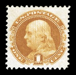 112, 1c Buff, a brilliantly fresh and exceedingly choice mint example, sumptuously rich color and impression on crisp paper, wonderfully well centered, full o.g., lightly
hinged, extremely fine rarely encountered in this gem original gum condit