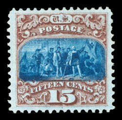 118, 15c Brown and blue, Ty. I, an eye-arresting unused example in the most incredible quality, possessing enormously large margins which are unheard of on this stamp, and
being extraordinarily well centered within them, but equally impressive a