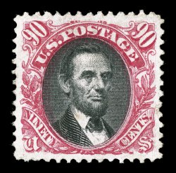 122, 90c Carmine and black, an incredibly choice unused example of this 19th century rarity, possessing outstanding and eye-arresting physical qualities, perfectly centered
within incredibly large margins, just as impressive are this stamps spe