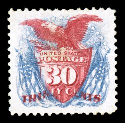 131, 30c Blue and carmine re-issue, flawlessly centered amid enormously large margins, strikingly intense colors and razor-sharp impressions on crisp paper, full o.g.,
relatively lightly hinged, superb.Certainly one can find original gum examp