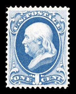 134, 1c Ultramarine with grill, a highly select mint example of this exceedingly difficult stamp, incredibly fresh, with deep luxuriant color on bright paper, magnificently
centered, full o.g. which shows the grill impression quite well, lightly