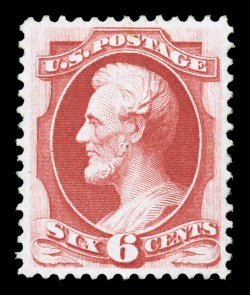 148, 6c Carmine, an incredibly fresh and choice mint example of this difficult value, possessing an overall brilliance and crispness unlike the vast majority, with absolutely
radiant deep carmine color and a highly detailed impression on bright