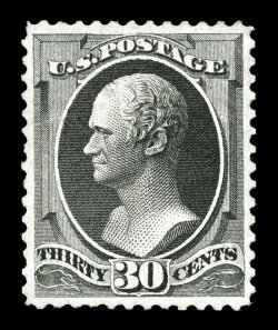 154, 30c Black, highly select unused example, incredibly well centered within well balanced margins, lovely color and a clean impression on fresh white paper, extremely fine
the Thirty Cent National Bank Note stamp is rarely found this well cen
