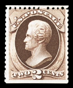 168, 2c Dark brown special printing, without gum as issued, an attractive and sound example of this rarity, featuring deep rich color and a well incised impression, scissor
separated as almost always but with perforations completely intact on th