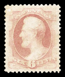 186, 6c Pink, a premium quality mint example of this scarce Bank Note, featuring much larger margins than usual and being incredibly well centered within them, warm rich
color, full o.g., lightly hinged, extremely fine a premium example of this