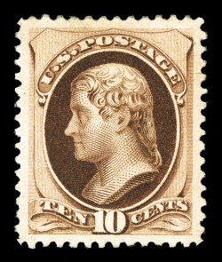 188, 10c Brown, with secret mark, mathematically precise centering amid incredibly large margins, eye-arresting deep shade and an incredibly detailed impression, full o.g.,
very lightly hinged, in a word - superb.An incomparable original gum e