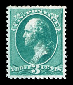 207, 3c Green, a brilliant post office fresh mint single, possessing an outstanding overall freshness, with deep luxuriant color and impression on crisp paper, large
wonderfully well balanced margins all around, pristine unblemished o.g., neve
