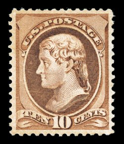 209, 10c Brown, a wonderfully choice mint single in a pristine state of preservation, with deep luxuriant color and a crisp impression, marvelously well centered and margined,
immaculate o.g., never hinged, extremely fine a particularly handsom