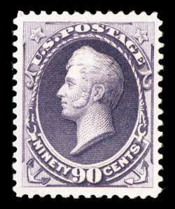 218, 90c Purple, an incredibly handsome mint example of this high value, being extraordinarily well centered amid uncharacteristically large margins, its color is unusually
bright and its impression highly detailed on brilliantly fresh paper, fu