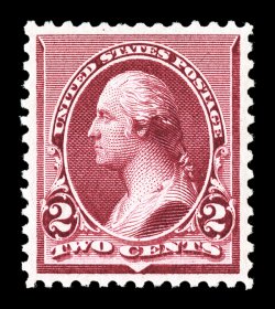 219D, 2c Lake, premium mint example of this surprisingly difficult stamp, gorgeous intense lake color and a well incised impression on crisp paper, large perfectly balanced
margins all around, o.g., lightly hinged, extremely fine gem 2003 PF ce