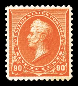 229, 90c Orange, striking mint single, featuring absolutely radiant color in an especially deep shade, crisp prooflike impression, exceptionally well entered within large
margins, pristine o.g., with just the barest suggestion of hinging, an ext