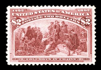 242, $2.00 Columbian, choice mint example, particularly well centered within uncharacteristically large margins, strong rich color and impression on bright paper, clean o.g.,
lightly hinged, extremely fine 1994 PF certificate.