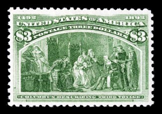 243, $3.00 Columbian, lovely bright yellow green color and a crisp impression on fresh untoned paper, large margins all around and being exceptionally well centered within
them, o.g., lightly hinged, extremely fine not often seen this fresh and