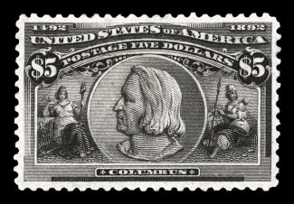 245, $5.00 Columbian, an exceedingly choice mint example that is extraordinarily well centered within large and well balanced margins, strong color and impression, o.g.,
relatively lightly hinged, extremely fine a select quality original gum Fi