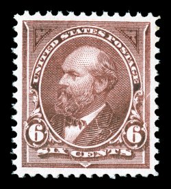 256, 6c Dull brown, incredibly well centered within very large margins, sumptuously rich color and a well incised impression on crisp paper, o.g., faintly hinged, extremely
fine a surprisingly challenging stamp to find in this gem quality 2003