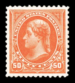 260, 50c Orange, an impressive mint example, featuring not only virtually perfect centering amid lavishly large margins, but its color is particularly intense and vibrant on
bright paper, o.g., lightly hinged, extremely fine a stunning large-ma