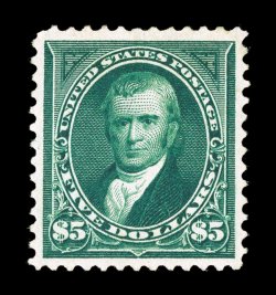 263, $5.00 Dark green, a magnificent quality example of this rare high value, featuring extraordinarily large margins that are rarely encountered on this stamp and being
incredibly well centered within them, intensely rich color and a deeply etc