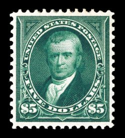278, $5.00 Dark green, incredibly well centered within large margins, deep luxuriant color and a well incised impression on bright fresh paper, o.g., extremely fine a highly
select original gum example of the Five Dollar Watermarked Bureau issu
