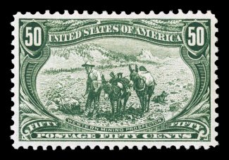 291, 50c Trans-Mississippi, a fabulous quality mint example, being among the finest quality Fifty Cent Trans-Mississippis we have ever offered, possessing mathematically
precise centering amid uncharacteristically large margins, plus its col