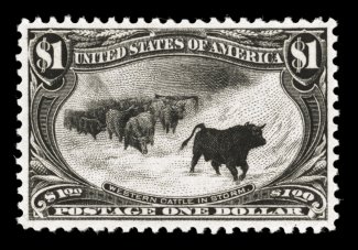 292, $1.00 Trans-Mississippi, marvelously well centered within large margins, prooflike color and a razor-sharp impression on especially bright paper, plus its perforations
are uniformly even and intact all around, o.g., extremely fine a choice