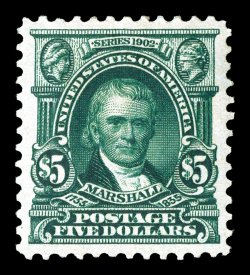 313, $5.00 Dark green, a marvelous quality mint example of this scarce high value, possessing amazing centering within extraordinarily large margins all around, plus its color
and impression are truly prooflike on wonderfully bright paper, full