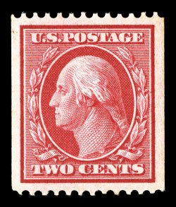 349, 2c Carmine coil, perf. 12 horiz., an impressively margined mint single, boasting huge perfectly balanced margins all around which are most uncommon to this scarce coil,
gorgeous intense fiery color, o.g. (which is ever so slightly disturb