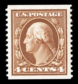 354, 4c Orange brown coil, perf. 12 vert., an eye-arresting jumbo-margined mint single, possessing the largest margins possible for a genuine coil and being absolutely
perfectly centered amid them, intense prooflike color and impression on wonde