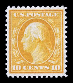 364, 10c Yellow on bluish paper, a remarkable mint example in a condition that is next to impossible to duplicate, possessing mathematically precise centering amid lavishly
large margins, spectacular eye-arresting color that could not be more in