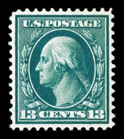 365, 13c Blue green on bluish paper, extraordinarily well centered, deep luxuriant color and a crisp detailed impression on deeply blued paper, o.g., lightly hinged, extremely
fine an exceptional quality example of this rare stamp 2000 PF cert