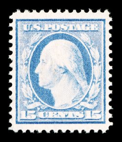 382, 15c Pale ultramarine, a highly select mint example, featuring several outstanding and uncharacteristic qualities, not the least of which is its near perfect centering
amid lavishly large margins, equally impressive is this stamps incredibl